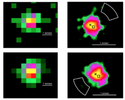 Two by two panels. Left two panels show blocky, pixelated image of indistinct pattern peaking at the center and a line spanning approximately two pixels and labeled "1 arcsec". The right two panels show a much finer resolution version of the same with a black x and a black square at the center of the peaked distribution. The top panel has an arc-like shape in the upper right, the bottom has the same shape in the lower left.